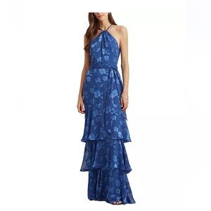 Lauren Ralph Lauren Soft Sapphire Blue Floral Jacquard Halter Gown - Size 16
